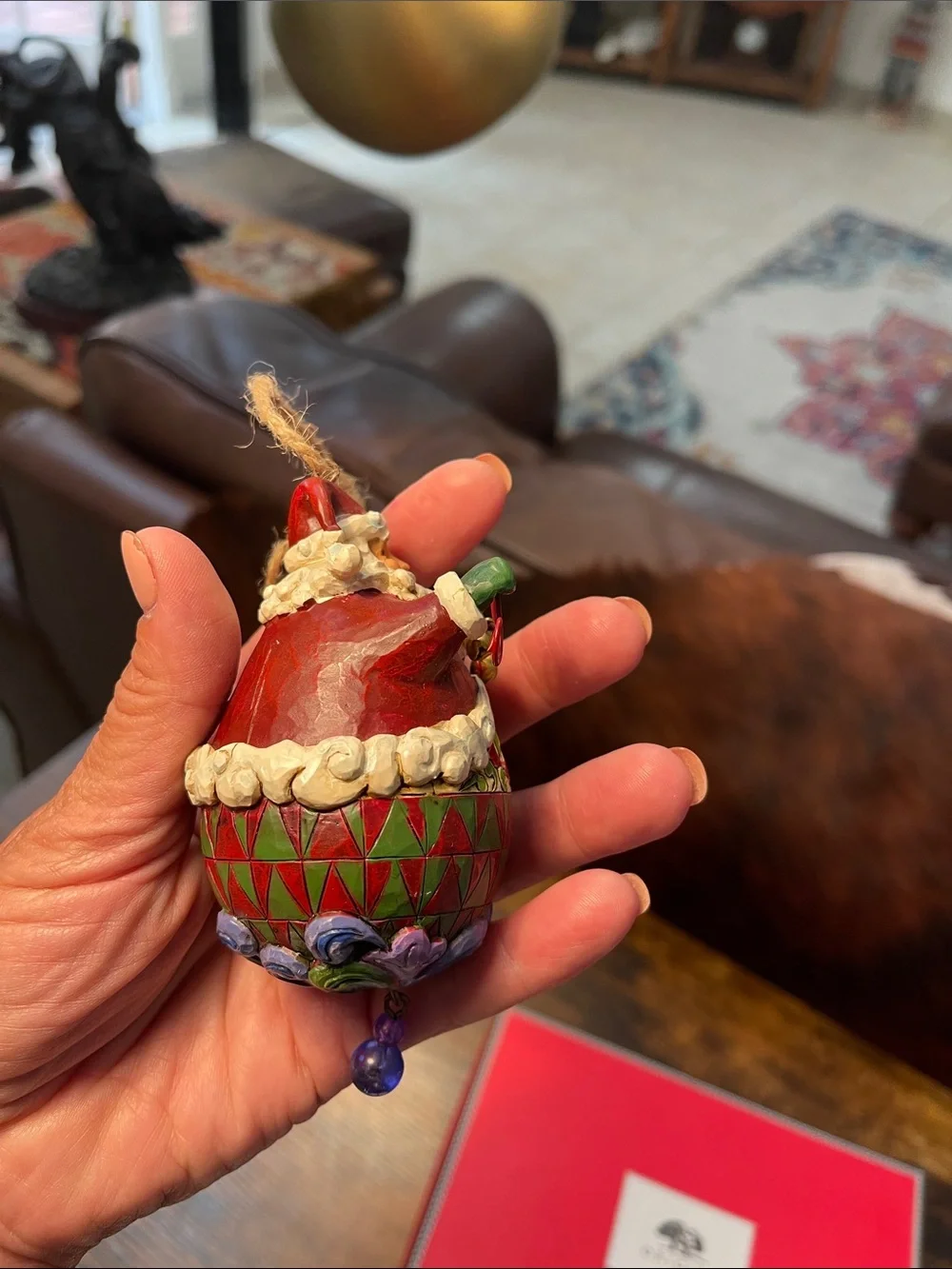 Jim Shore Multicolor Santa Ornament with Red Hood and Green Accents